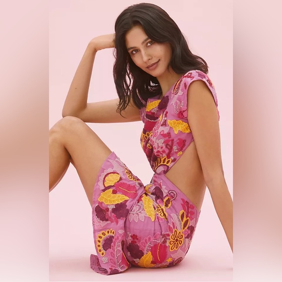 Anthropologie Maeve Embroidered Mini Dress US Size 2 Beaded Floral Open Back - Picture 3 of 16